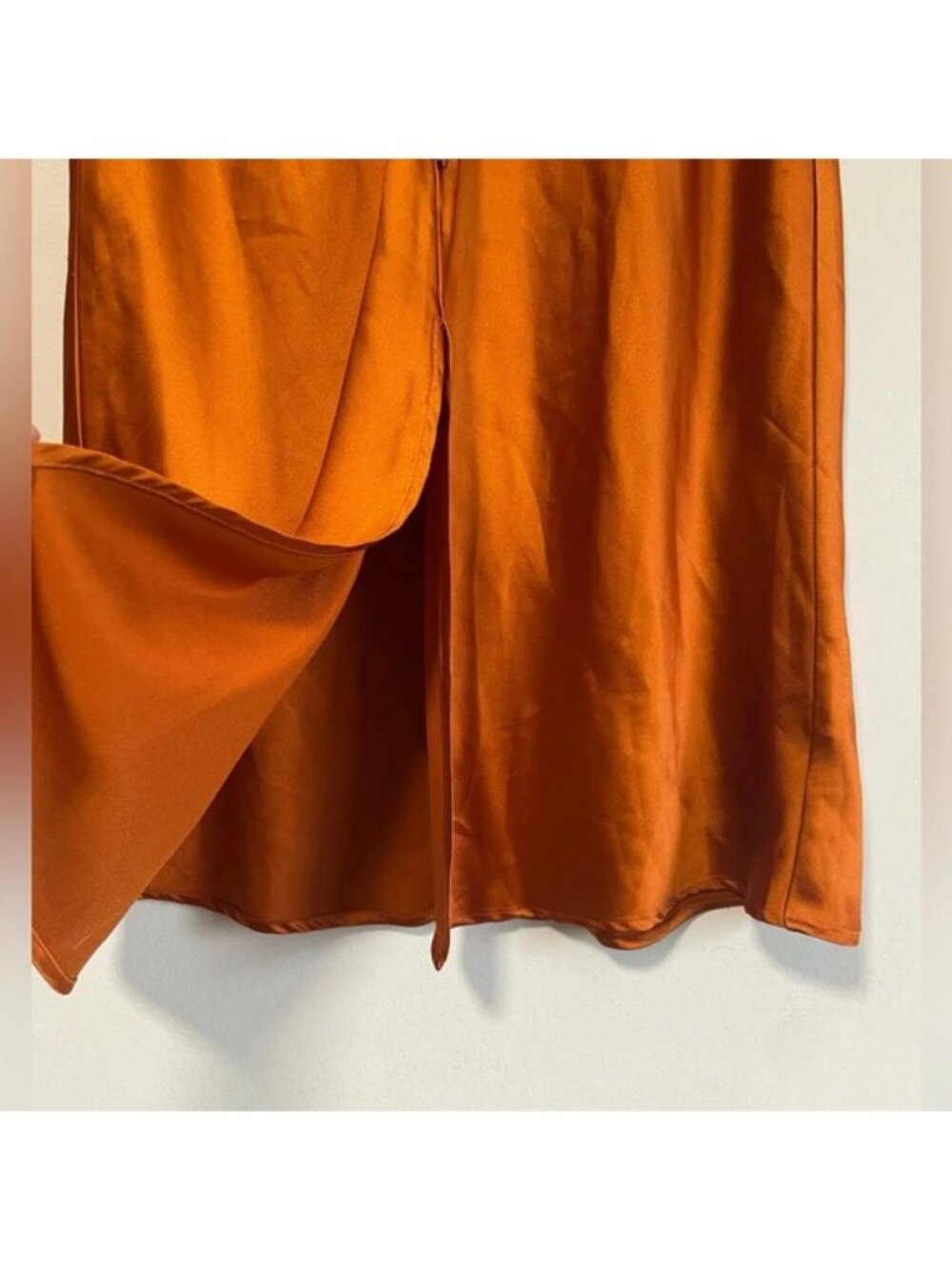 E.ssue Satiny  Orange Rust A Line Midi Skirt w Button Details & Front Slit - Med - Picture 6 of 8